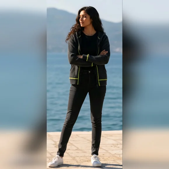 Old Navy Gray Jacket Lime Stitching, Hooded Zippered Sweater Women's Size L - Picture 2 of 14